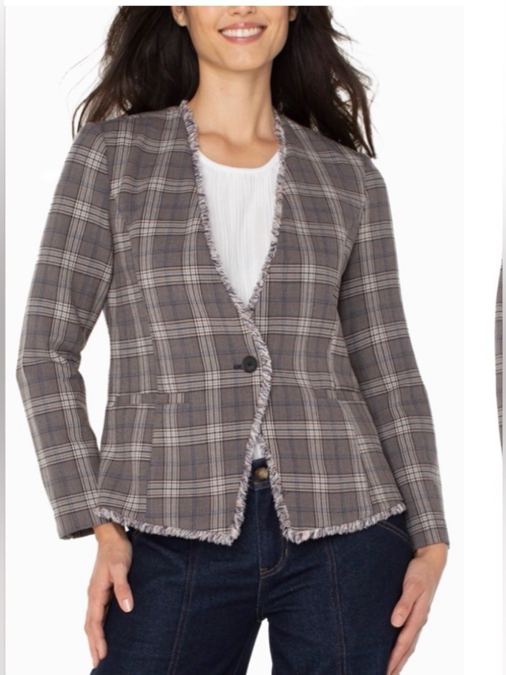 NWT Liverpool Collarless Fringed Blazer. Brown and Navy Glen Check